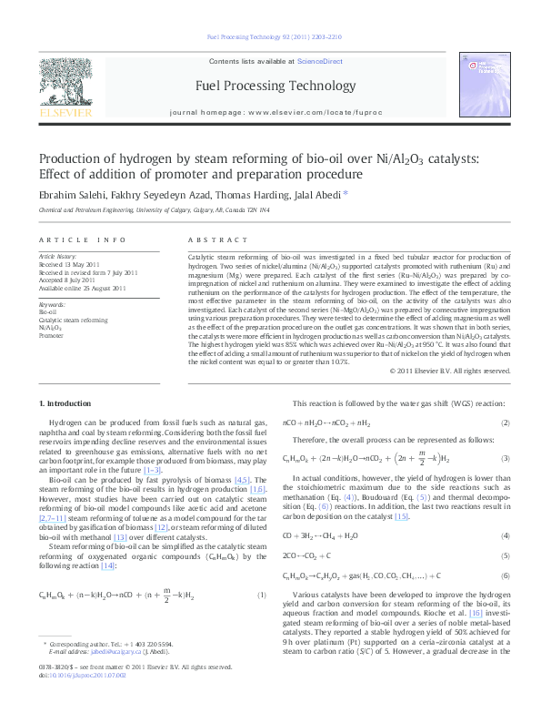 (PDF) Production of hydrogen by steam reforming of bio-oil over Ni ...