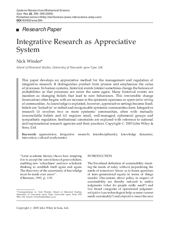 (PDF) Integrative research as appreciative system