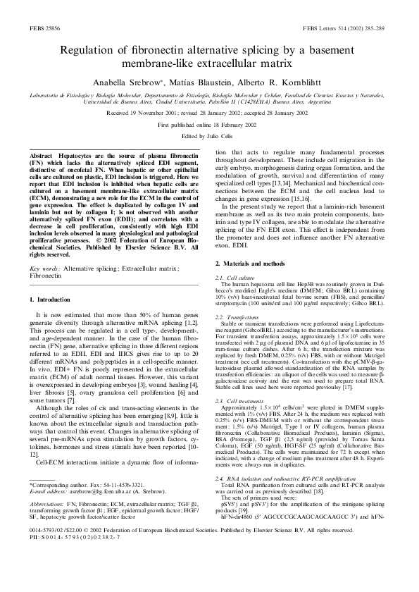 (PDF) Regulation of fibronectin alternative splicing by a basement ...