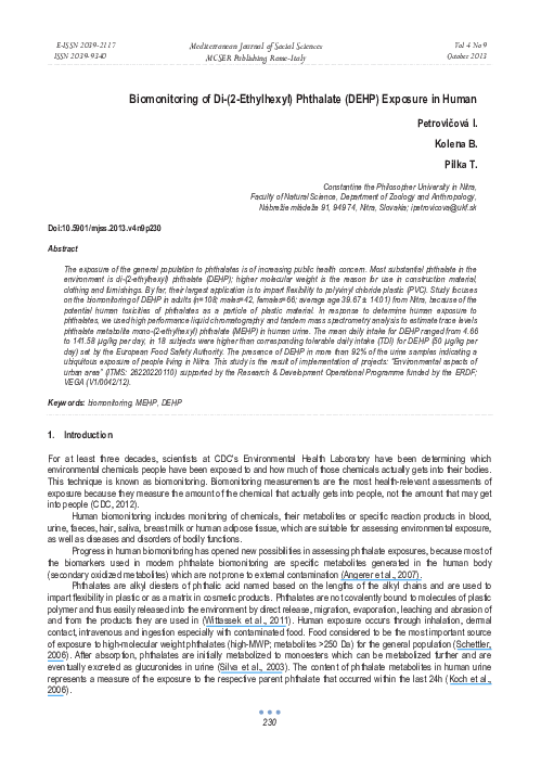 (PDF) Biomonitoring of Di-(2-Ethylhexyl) Phthalate (DEHP) Exposure in Human