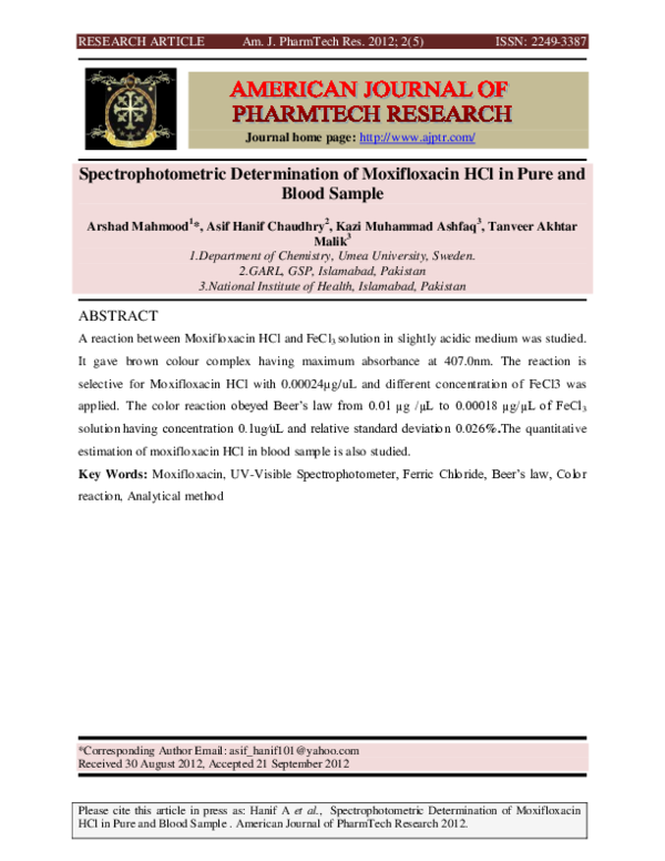 (PDF) Spectrophotometric Determination of Moxifloxacin HCl in Pure and ...