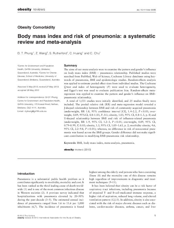 (PDF) Body mass index and risk of pneumonia: a systematic review and ...