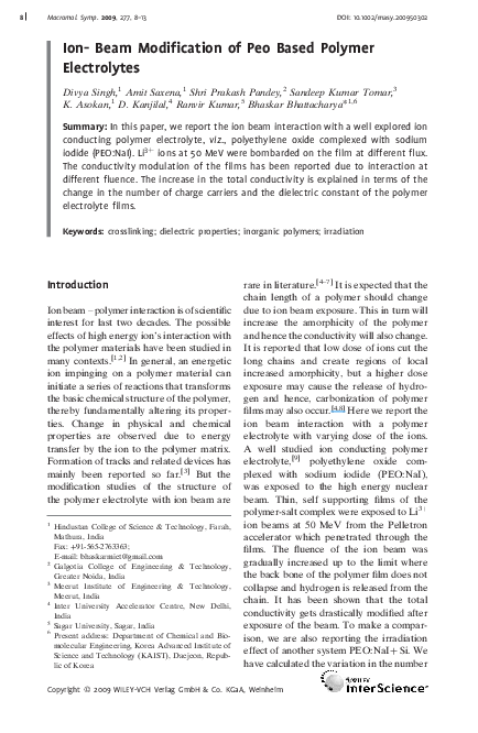 (PDF) Ion Beam Modification of Peo Based Polymer Electrolytes