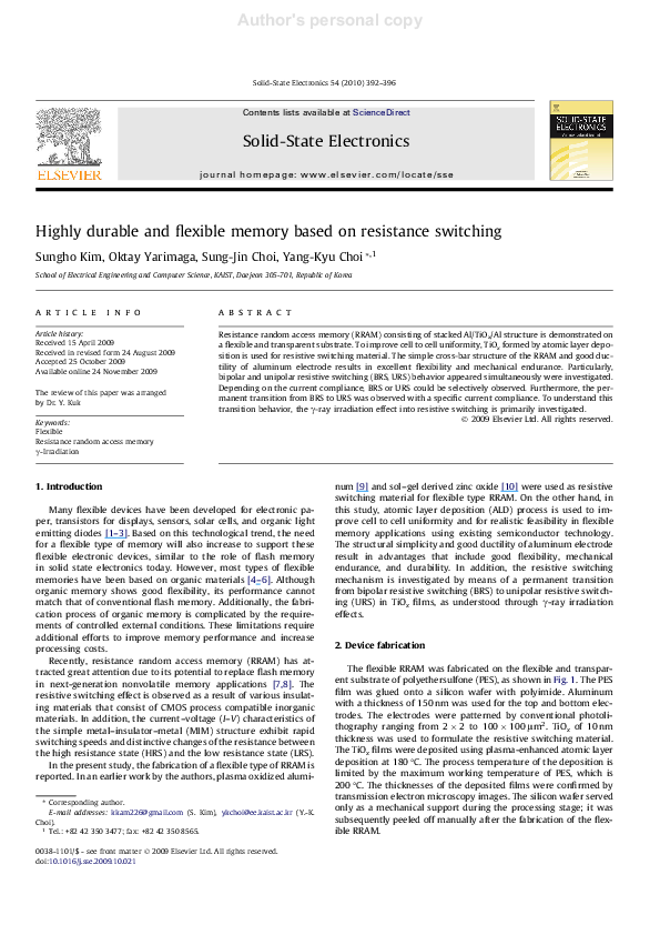 (PDF) Highly durable and flexible memory based on resistance switching