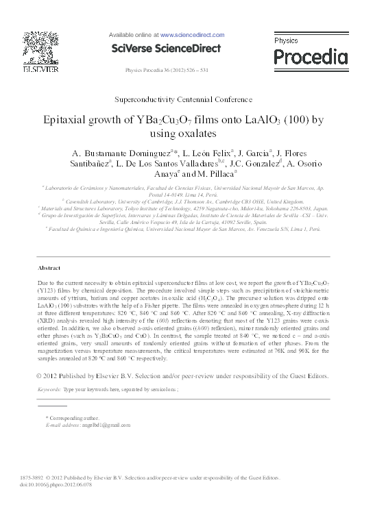 (PDF) Epitaxial Growth of YBa2Cu3O7 Films onto LaAlO3 (100) by Using ...