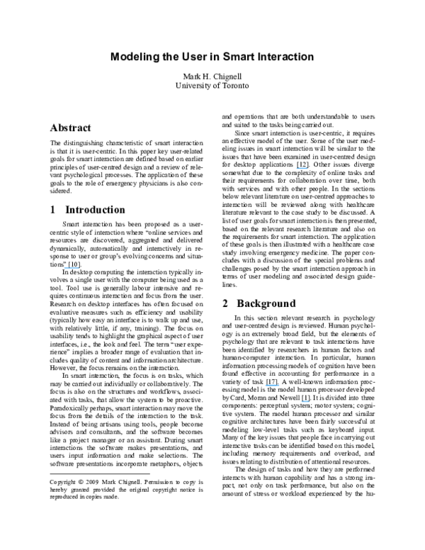 (PDF) Modeling the User in Smart Interaction