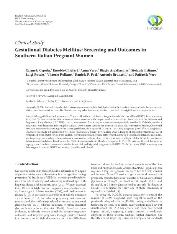 (PDF) Gestational Diabetes Mellitus: Screening and Outcomes in Southern ...