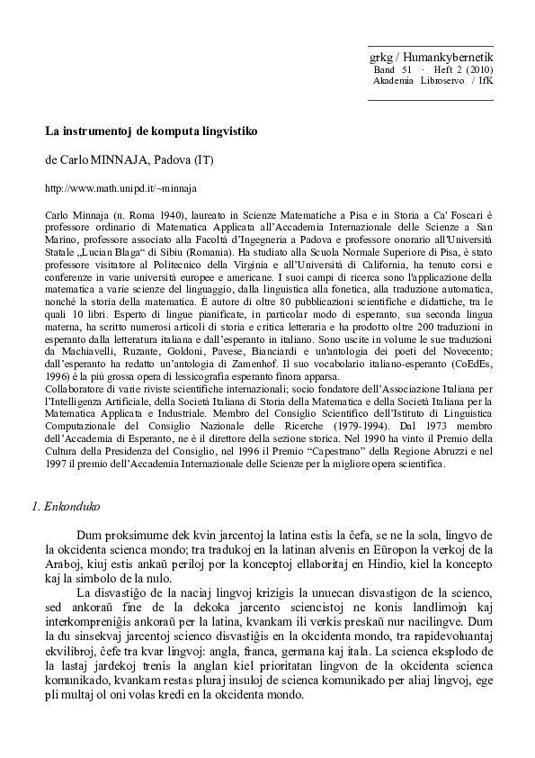 (DOC) La instrumentoj de komputa lingvistiko de Carlo MINNAJA, Padova