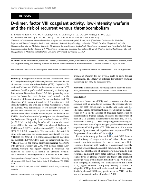 (PDF) D‐dimer, factor VIII coagulant activity, low‐intensity warfarin and the risk of recurrent