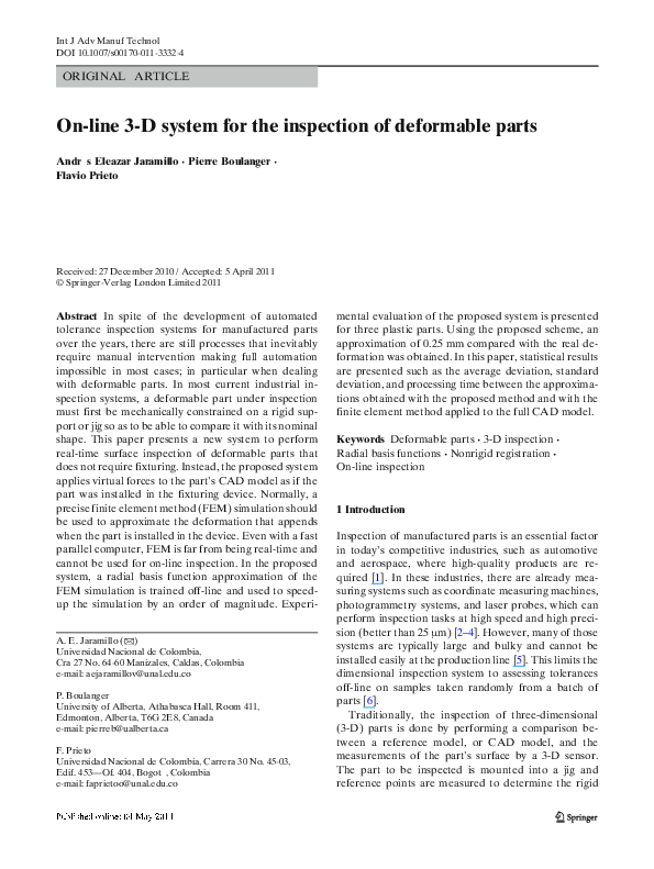 (PDF) On-line 3-D system for the inspection of deformable parts