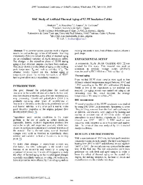 (PDF) DSC Study of Artificial Thermal Aging of XLPE Insulation Cables