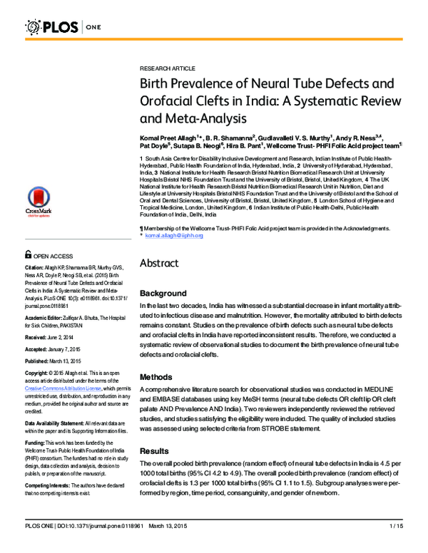 (PDF) Birth Prevalence of Neural Tube Defects and Orofacial Clefts in ...