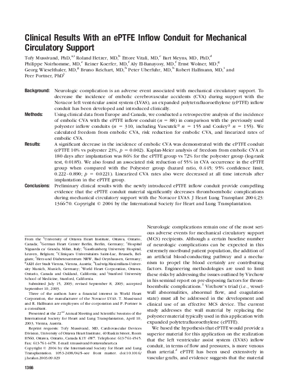 (PDF) Clinical results with an ePTFE inflow conduit for mechanical ...