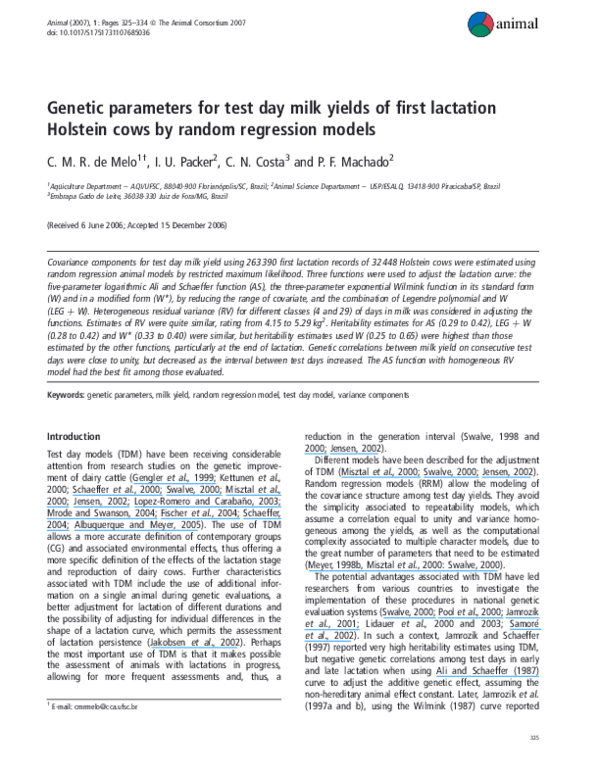 (PDF) Genetic parameters for test day milk yields of first lactation ...