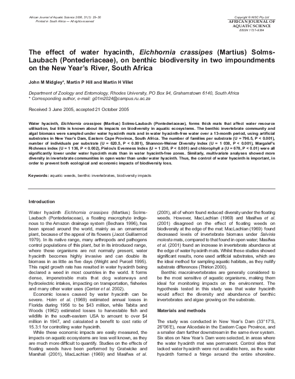 (PDF) The effect of water hyacinth, Eichhornia crassipes (Martius ...