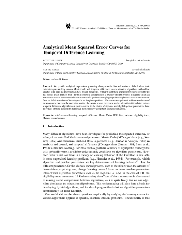 (PDF) Analytical mean squared error curves for temporal difference learning