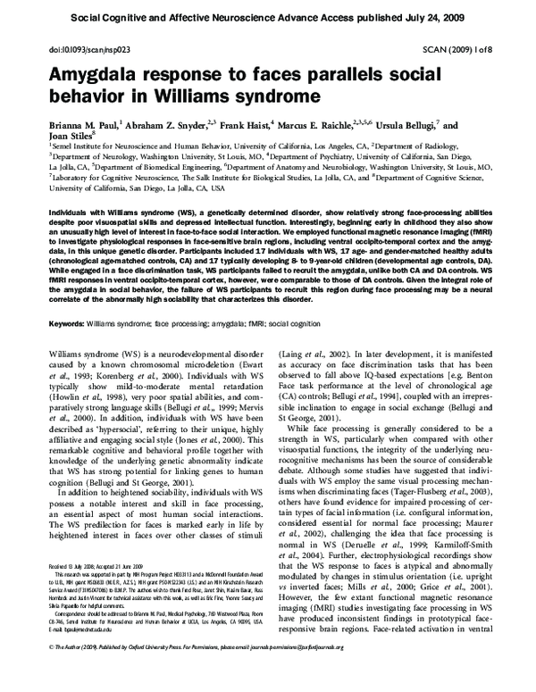 (PDF) Amygdala response to faces parallels social behavior in Williams ...