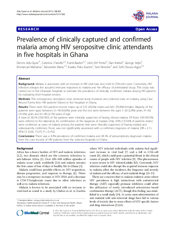 (PDF) Prevalence of clinically captured and confirmed malaria among HIV ...