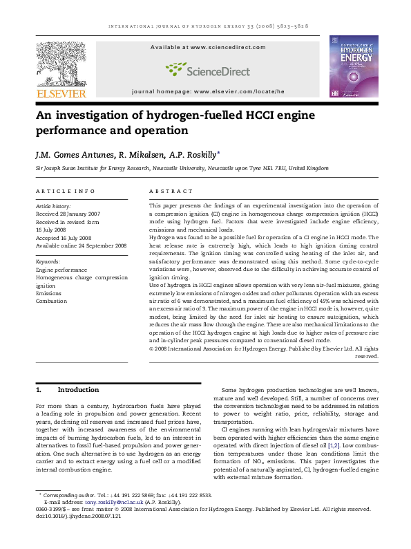 (PDF) An investigation of hydrogen-fuelled HCCI engine performance and ...