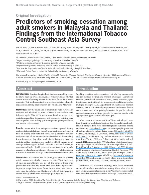 (PDF) Predictors of smoking cessation among adult smokers in Malaysia