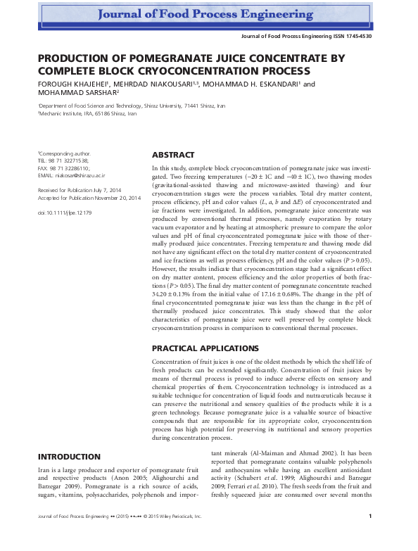 (PDF) Production of Pomegranate Juice Concentrate by Complete Block ...