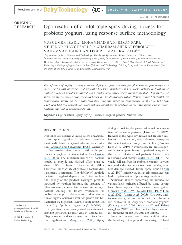 (PDF) Optimisation of a pilotscale spray drying process for probiotic