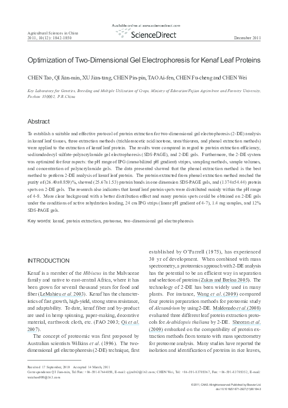 (PDF) Optimization of Two-Dimensional Gel Electrophoresis for Kenaf ...