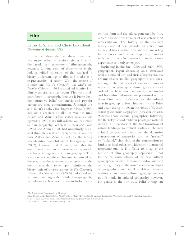 (PDF) Film — AAG International Encyclopedia of Geography Laura Sharp and Chris Lukinbeal