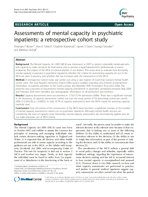 (PDF) Assessments of mental capacity in psychiatric inpatients: a ...