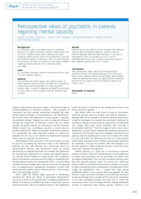 (PDF) Retrospective views of psychiatric in-patients regaining mental ...