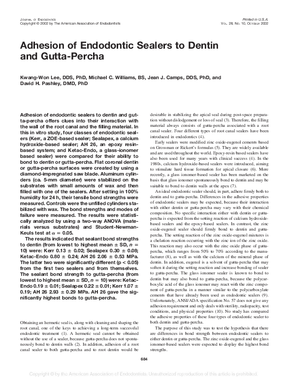 (PDF) Adhesion of endodontic sealers to dentin and guttapercha