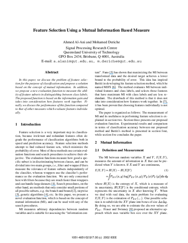 (PDF) Feature Selection sing a Mutual Information Based Measure | Ahmed ...