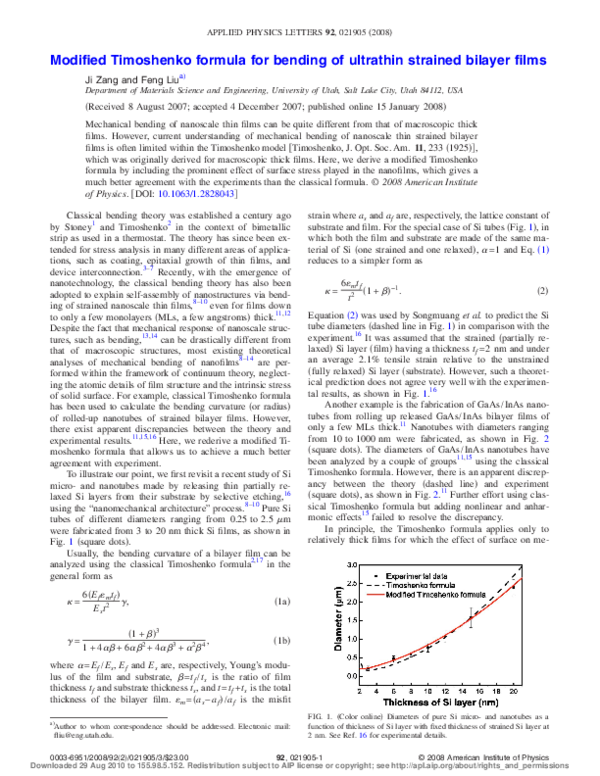 PDF) Modified Timoshenko formula for bending of ultrathin strained