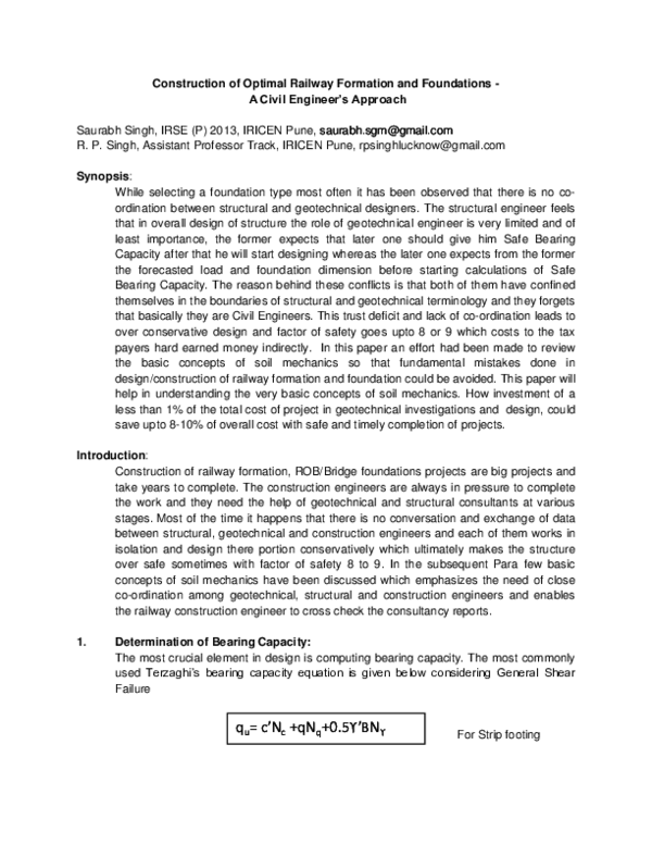 (PDF) Construction of Optimal Railway Formation and Foundations