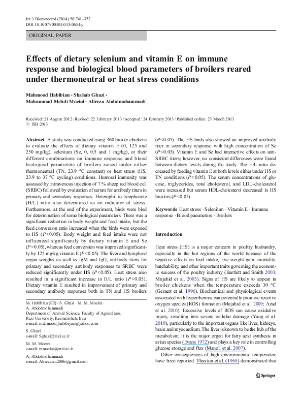 (PDF) Effects of dietary selenium and vitamin E on immune response and ...
