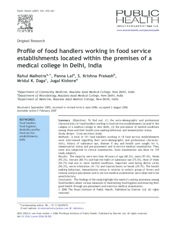 (PDF) Profile of food handlers working in food service establishments