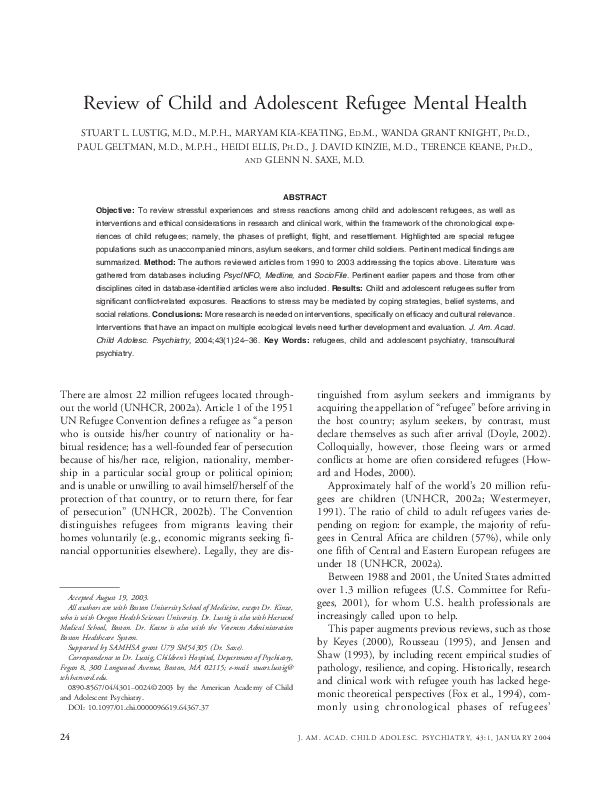 (PDF) Review of Child and Adolescent Refugee Mental Health