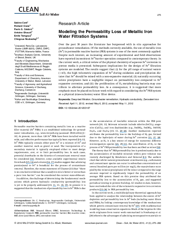 (PDF) Modeling the Permeability Loss of Metallic Iron Water Filtration