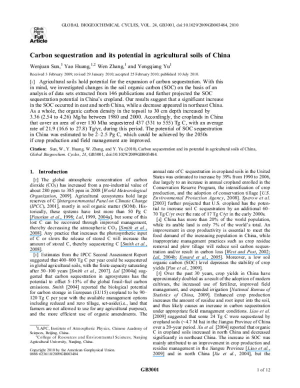 (PDF) Carbon sequestration and its potential in agricultural soils of China