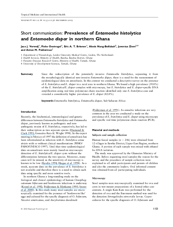 (PDF) Prevalence of Entamoeba Histolytica and Entamoeba Dispar In a ...
