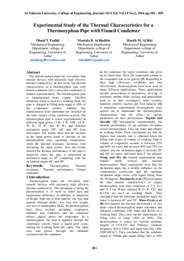(PDF) Experimental Study of the Thermal Characteristics for a ...