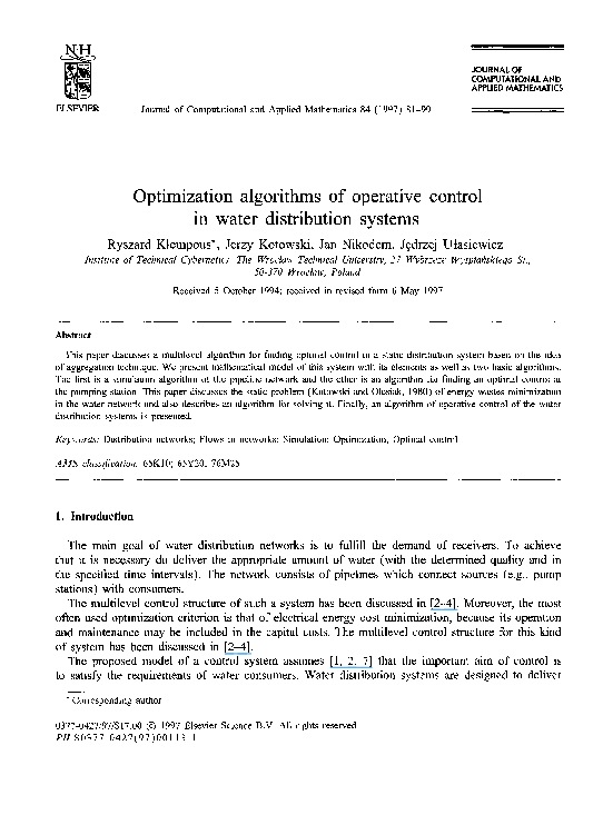 (PDF) Optimization algorithms of operative control in water ...
