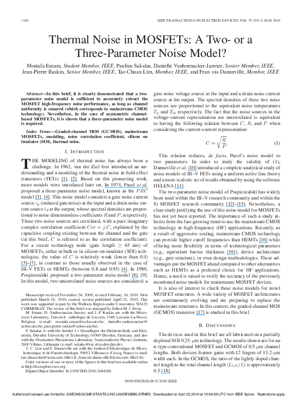(PDF) Thermal Noise in MOSFETs A Twoor a ThreeParameter Noise Model