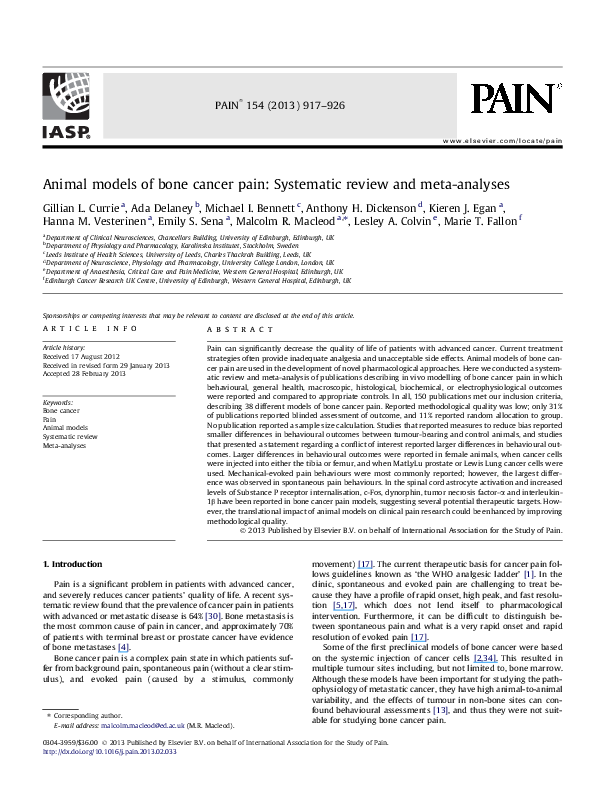 (PDF) Animal models of bone cancer pain Systematic review and meta