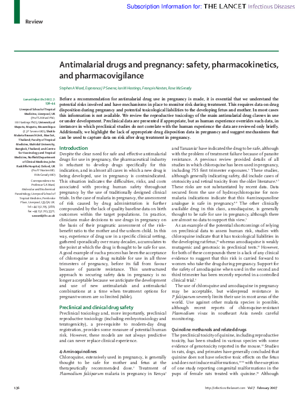 (PDF) Antimalarial drugs and pregnancy safety, and