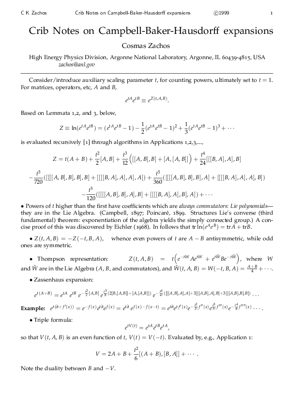 (PDF) Crib Notes on CampbellBakerHausdorff expansions Cosmas Zachos Academia.edu