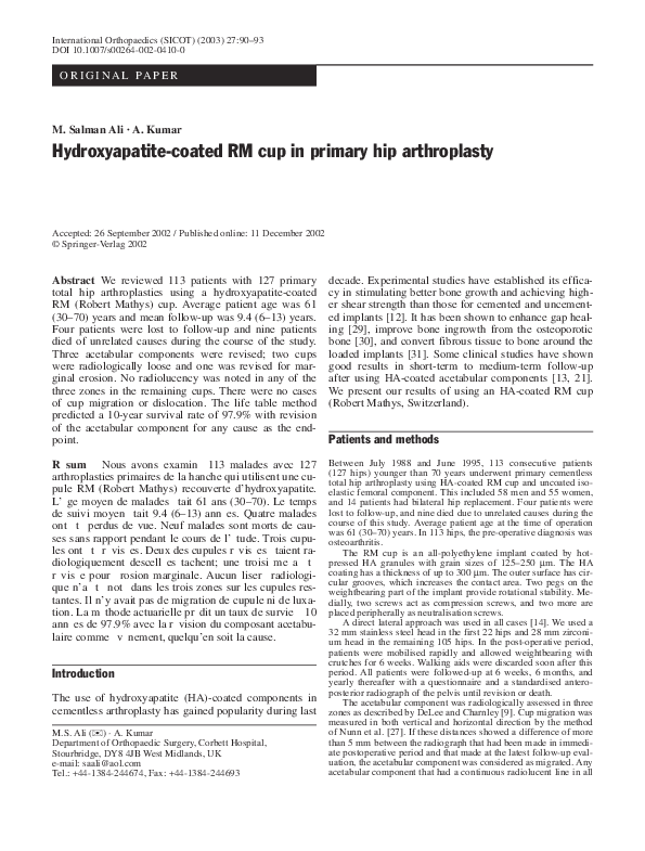 (PDF) Hydroxyapatite-coated RM cup in primary hip arthroplasty