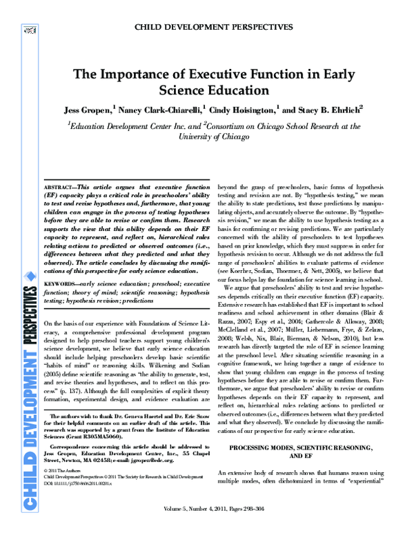 (PDF) The Importance of Executive Function in Early Science Education