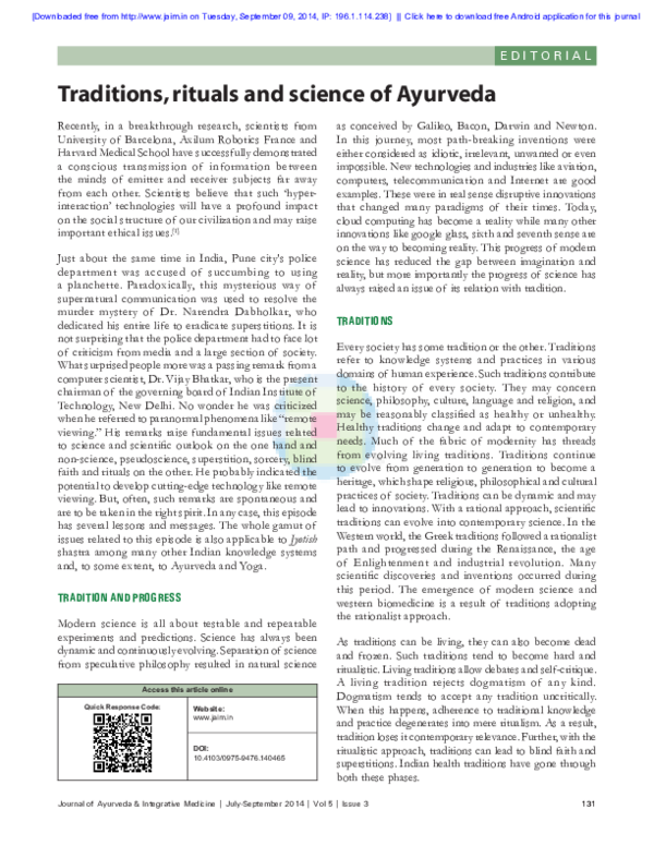 (PDF) Traditions, rituals and science of Ayurveda