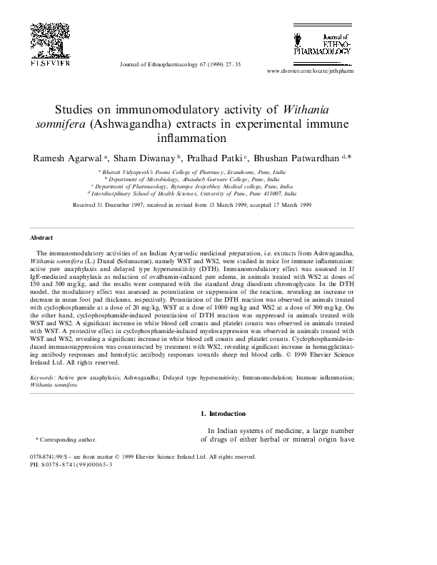 (PDF) Studies on immunomodulatory activity of Withania somnifera ...